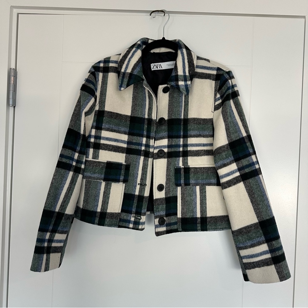 Zara Women's Checkered Utility Jacket - Black, Green, Cream